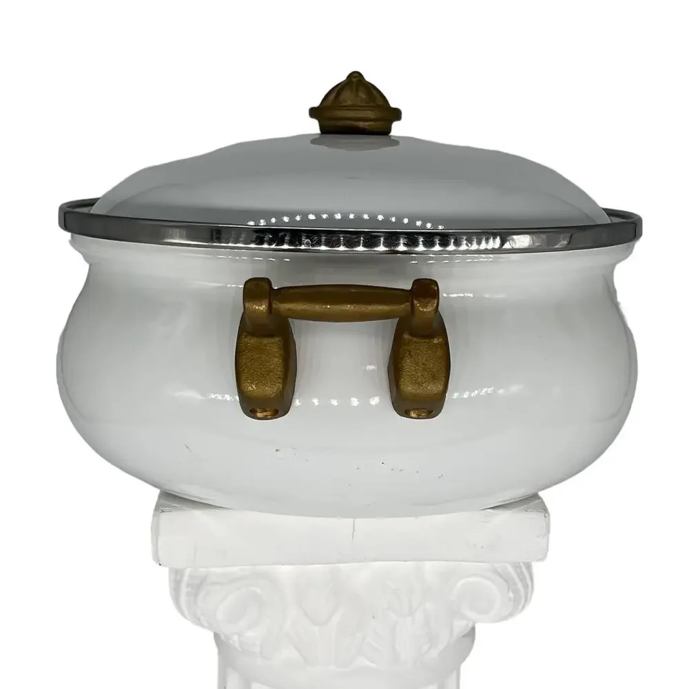 Tivoli Vintage White Enamelware Stock Pot with Lid | Brass Handles Retro Kitchen